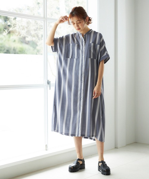 GeeRA（ジーラ）の「バンドカラー半袖シャツワンピース（シャツワンピース・レディース・モカ/サンドグレー/ストライプ・M/L）」の18枚目の写真