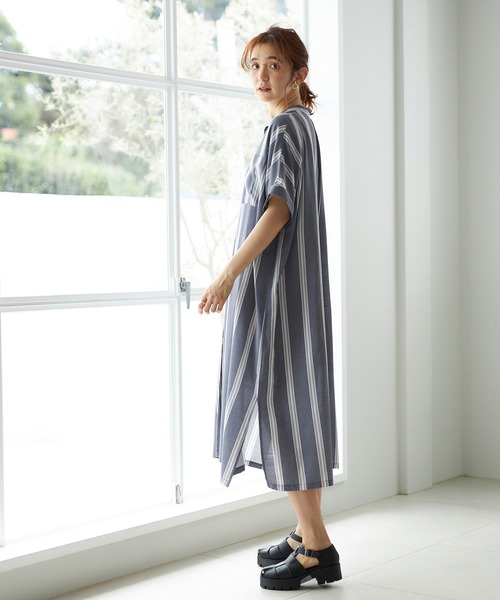 GeeRA（ジーラ）の「バンドカラー半袖シャツワンピース（シャツワンピース・レディース・モカ/サンドグレー/ストライプ・M/L）」の21枚目の写真