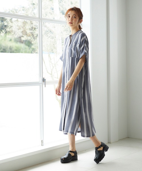 GeeRA（ジーラ）の「バンドカラー半袖シャツワンピース（シャツワンピース・レディース・モカ/サンドグレー/ストライプ・M/L）」の20枚目の写真