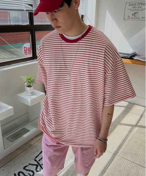 ATTENTION(アテンション)の「【ATTENTION】BIGボーダーハーフスリーブT 別注/韓国セレクト/ビッグシルエット(Tシャツ/カットソー・メンズ・ブラック/グレー/レッド/オレンジ/グリーン・フリ-)」の20枚目の写真