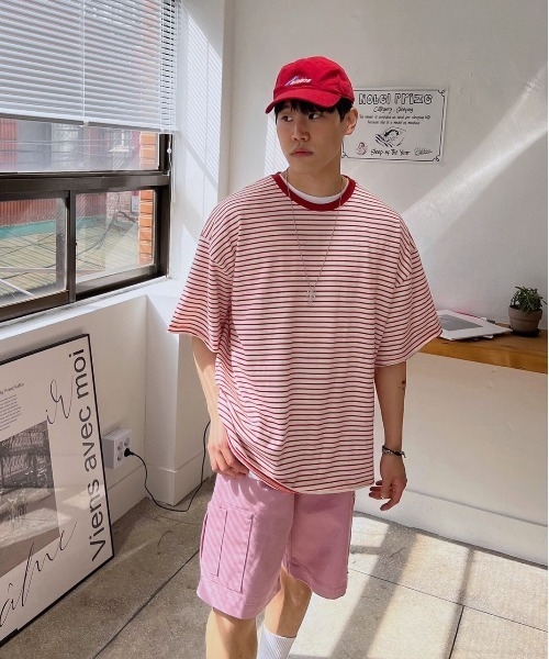 ATTENTION(アテンション)の「【ATTENTION】BIGボーダーハーフスリーブT 別注/韓国セレクト/ビッグシルエット(Tシャツ/カットソー・メンズ・ブラック/グレー/レッド/オレンジ/グリーン・フリ-)」の10枚目の写真
