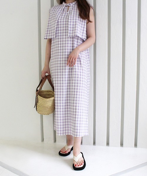MODE ROBE（モードローブ）の「3WAYギンガムチェックレイヤードワンピース（ワンピース・レディース・ブラック/ラベンダー/グレイッシュベージュ・FREE）」の3枚目の写真