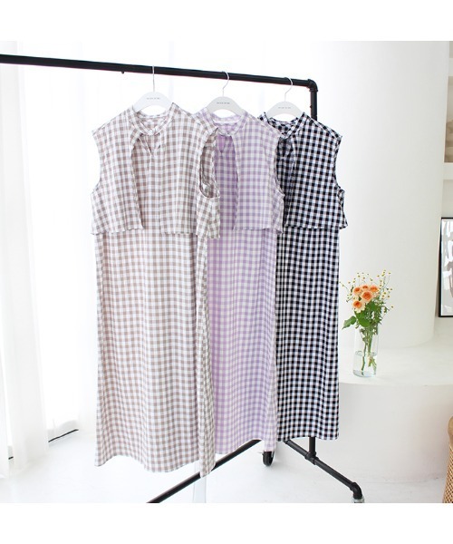 MODE ROBE（モードローブ）の「3WAYギンガムチェックレイヤードワンピース（ワンピース・レディース・ブラック/ラベンダー/グレイッシュベージュ・FREE）」の4枚目の写真