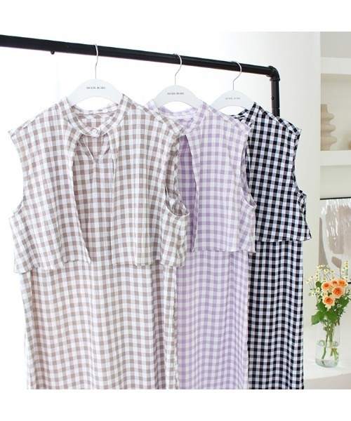 MODE ROBE（モードローブ）の「3WAYギンガムチェックレイヤードワンピース（ワンピース・レディース・ブラック/ラベンダー/グレイッシュベージュ・FREE）」の13枚目の写真