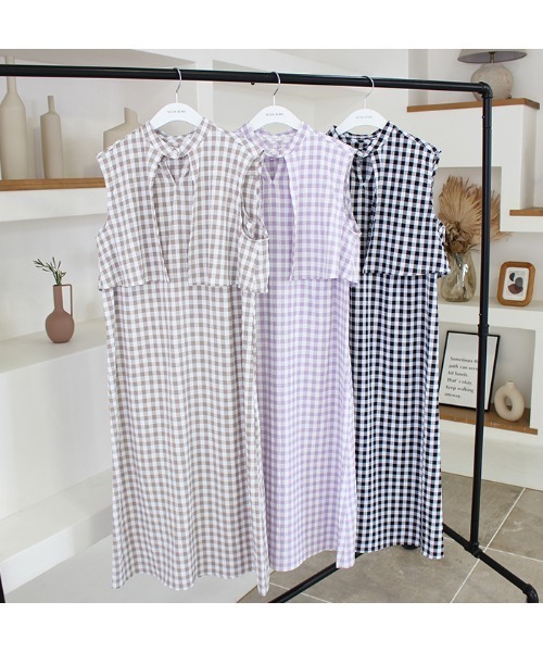 MODE ROBE（モードローブ）の「3WAYギンガムチェックレイヤードワンピース（ワンピース・レディース・ブラック/ラベンダー/グレイッシュベージュ・FREE）」の22枚目の写真