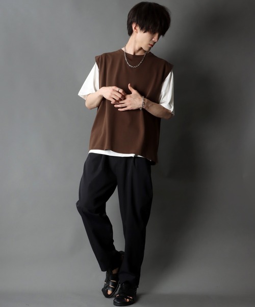 SITRY（シトリー）の「Big silhouette seed stitch vest×wide T-shirt/ビッグシルエット 鹿の子ベスト×ワイドTシャツ（ベスト・メンズ・グレイッシュベージュ/ブラック/ベージュ/ブラウン/カーキ・XL/M/L）」の21枚目の写真