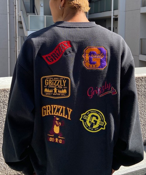 GRIZZLY(グリズリー)の「GRIZZLY/グリズリー オーバーサイズ ワッペンロゴ/裏起毛 刺繍ロゴ クルーネックスウェット/トレーナー VIGR22MS4(スウェット・メンズ・ブラック/グレー・L/XL/M)」の2枚目の写真