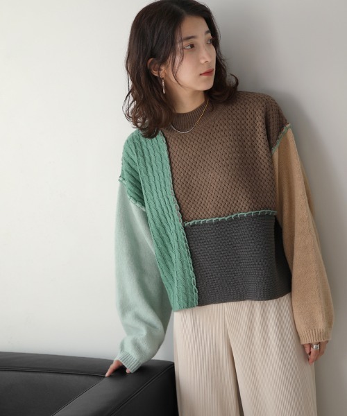 Bou Jeloud(ブージュルード)の「ブロッキング配色ニット(ニット/セーター・レディース・ブルー/グリーン/オレンジ・FREE)」の2枚目の写真