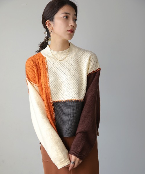 Bou Jeloud(ブージュルード)の「ブロッキング配色ニット(ニット/セーター・レディース・ブルー/グリーン/オレンジ・FREE)」の4枚目の写真