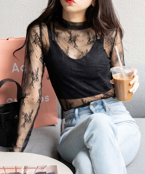 OLUPIC（オルピック）の「OLUPIC/【WEB限定】花柄シアーレーストップス（Tシャツ/カットソー・レディース・ブラック/ホワイト/ベージュ・FREE）」の4枚目の写真