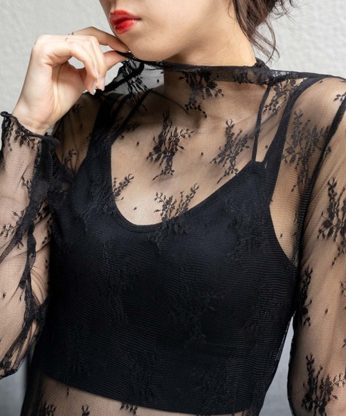 OLUPIC（オルピック）の「OLUPIC/【WEB限定】花柄シアーレーストップス（Tシャツ/カットソー・レディース・ブラック/ホワイト/ベージュ・FREE）」の5枚目の写真
