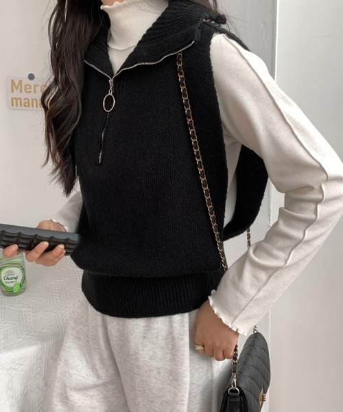 ABITOKYO(アビトーキョー)の「ハーフジップビックカラーニットベスト(ベスト・レディース・ブラック/グレー/グリーン/アイボリー・FREE)」の8枚目の写真
