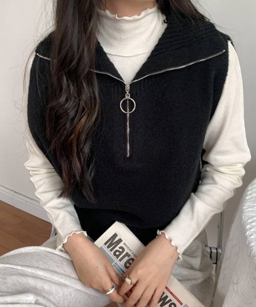 ABITOKYO(アビトーキョー)の「ハーフジップビックカラーニットベスト(ベスト・レディース・ブラック/グレー/グリーン/アイボリー・FREE)」の14枚目の写真