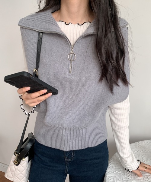 ABITOKYO(アビトーキョー)の「ハーフジップビックカラーニットベスト(ベスト・レディース・ブラック/グレー/グリーン/アイボリー・FREE)」の13枚目の写真