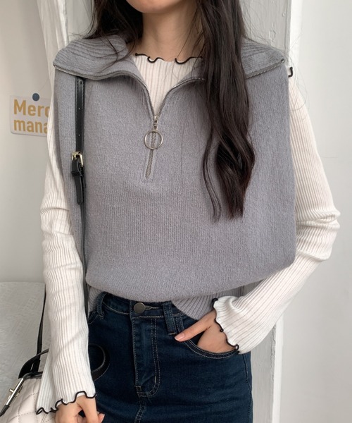 ABITOKYO(アビトーキョー)の「ハーフジップビックカラーニットベスト(ベスト・レディース・ブラック/グレー/グリーン/アイボリー・FREE)」の5枚目の写真