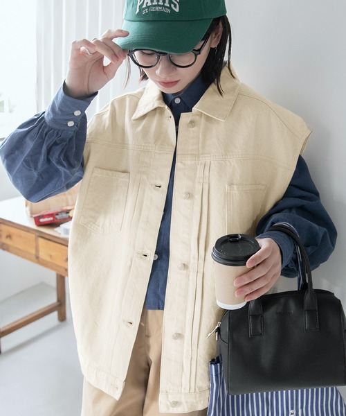 BONLECILL(ボンルシール)の「オーバーデニムベスト(デニムジャケット・レディース・ブルー/ブラック/アイボリー/ネイビー・FREE)」の2枚目の写真