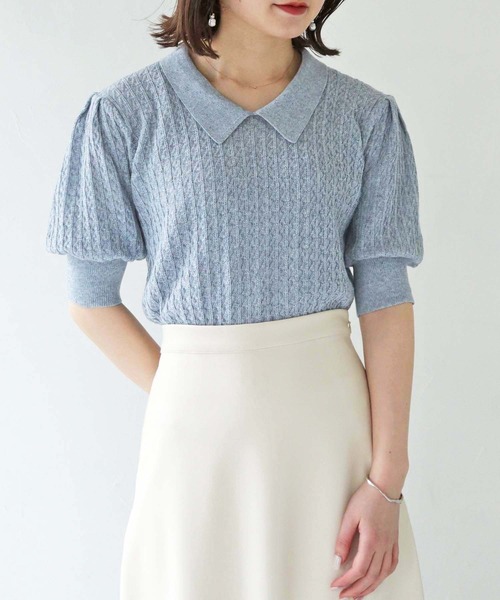 HER CLOSET（ハークローゼット）の「【shemoshelly】WEB限定地柄編リネン混衿付きサマーニット（ニット/セーター・レディース・グリーン/ブルー/グレイッシュベージュ/アイボリー・M）」の4枚目の写真