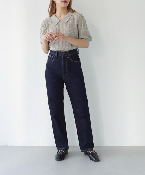 HER CLOSET（ハークローゼット）の「【shemoshelly】WEB限定地柄編リネン混衿付きサマーニット（ニット/セーター・レディース・グリーン/ブルー/グレイッシュベージュ/アイボリー・M）」の16枚目の写真