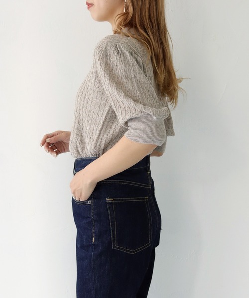 HER CLOSET（ハークローゼット）の「【shemoshelly】WEB限定地柄編リネン混衿付きサマーニット（ニット/セーター・レディース・グリーン/ブルー/グレイッシュベージュ/アイボリー・M）」の14枚目の写真