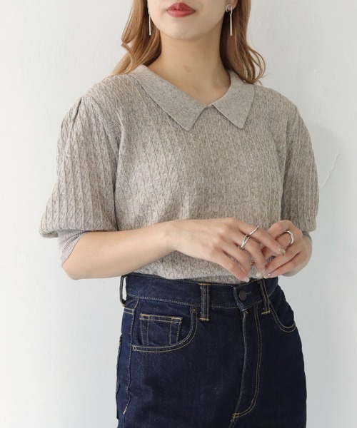 shemoshelly】WEB限定地柄編リネン混衿付きサマーニット（ニット