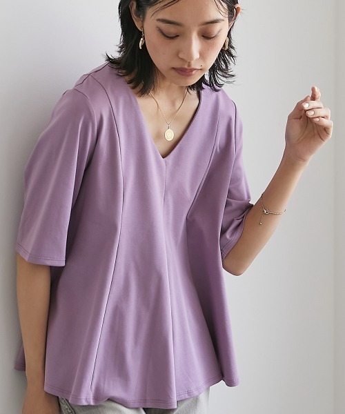 CHIC STYLE（シックスタイル）の「＜大きいサイズ＞綿100％フレア切替カットソープルオーバー シックスタイル（Tシャツ/カットソー・レディース・パープル系/ブラック・L/LL/3L/4L/5L）」の2枚目の写真