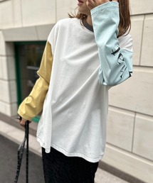 mi via loca | 袖配色ロゴプリントロングスリーブTシャツ(Tシャツ/カットソー)