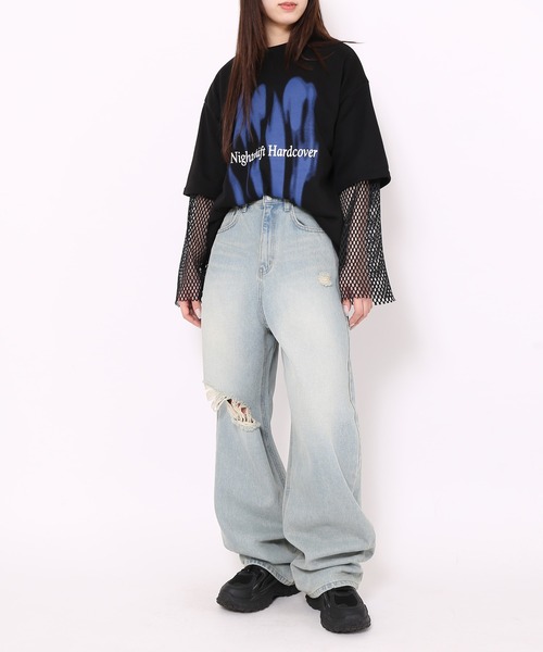 Figments（フィグメンツ）の「ダメージデニムバギーパンツ（デニムパンツ・レディース・ライトインディゴブルー・SMALL/LARGE/MEDIUM）」の2枚目の写真