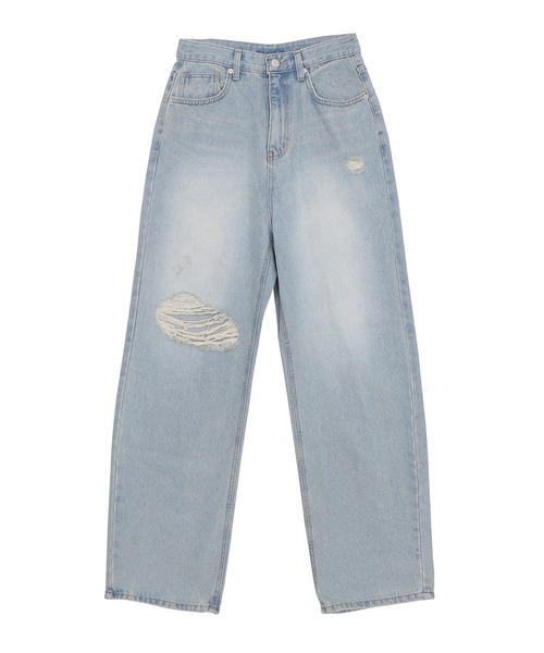 Figments（フィグメンツ）の「ダメージデニムバギーパンツ（デニムパンツ・レディース・ライトインディゴブルー・SMALL/LARGE/MEDIUM）」の6枚目の写真