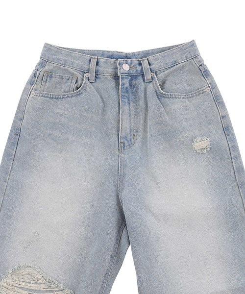 Figments（フィグメンツ）の「ダメージデニムバギーパンツ（デニムパンツ・レディース・ライトインディゴブルー・SMALL/LARGE/MEDIUM）」の9枚目の写真