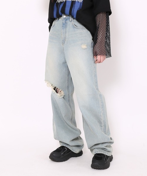 Figments（フィグメンツ）の「ダメージデニムバギーパンツ（デニムパンツ・レディース・ライトインディゴブルー・SMALL/LARGE/MEDIUM）」の15枚目の写真