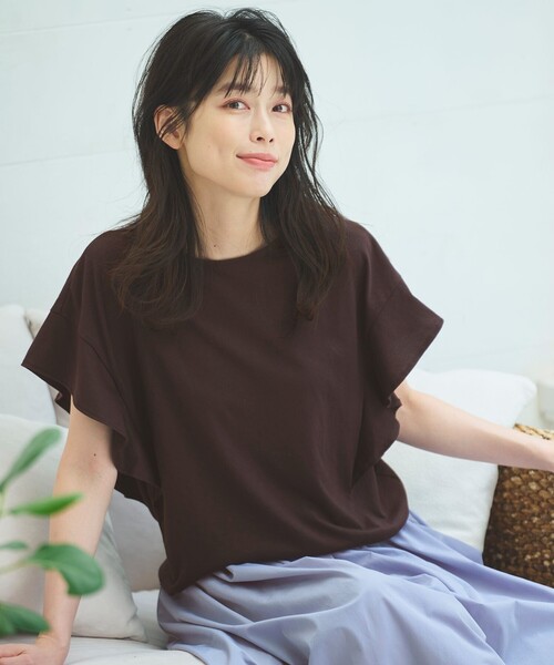 ANY(エニィ)の「【接触冷感/UVケア/シワになりにくい】フレアスリーブ TブラウスII(Tシャツ/カットソー・レディース・ブラウン系/レッド系/ダークブラウン系/アイボリー系1/ダークグリーン系/ブラック系・3/2)」の10枚目の写真