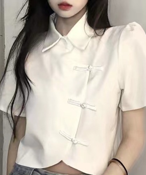 Sibra(シブラ)の「半袖チャイナトップス(シャツ/ブラウス・レディース・ブラック/ホワイト・M)」の7枚目の写真