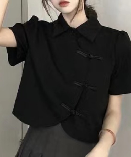 Sibra(シブラ)の「半袖チャイナトップス(シャツ/ブラウス・レディース・ブラック/ホワイト・M)」の11枚目の写真