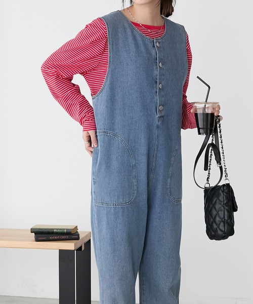 BONLECILL（ボンルシール）の「ボタンフライロールアップデニムサロペット（サロペット/オーバーオール・レディース・アイボリー/ネイビー/ブラック/ブルー/ブルー系1・L/M）」の22枚目の写真