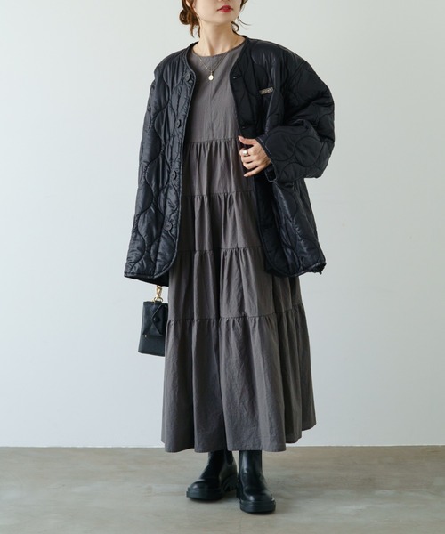 PUAL CE CIN（ピュアルセシン）の「ティアードワンピース（ワンピース・レディース・グレイッシュベージュ/チャコールグレー・FREE）」の14枚目の写真