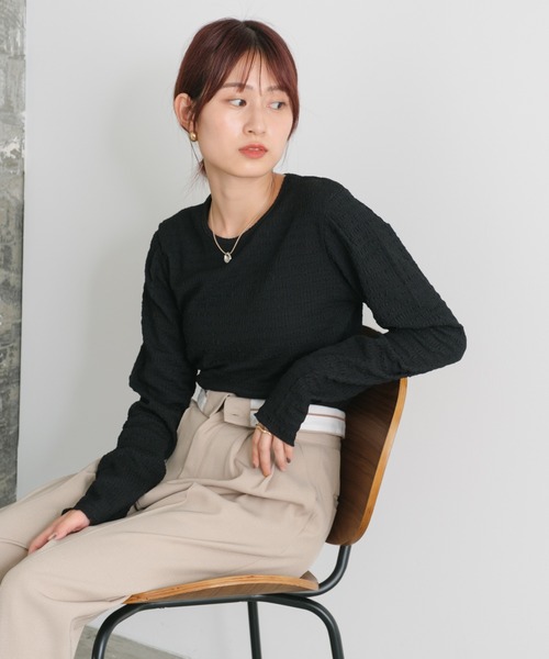 Kastane(カスタネ)の「【新色追加】カットジャガードプルオーバー(Tシャツ/カットソー・レディース・ブラウン/ブラック/アイボリー/ブルー/ピンク/イエロー/チャコールグレー・FREE)」の17枚目の写真