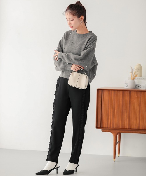 新品】Fitmore フィットモア 裾リボンギンガムテーパードパンツ