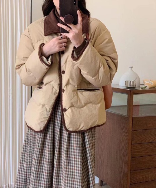 ブラウンキルティングダウンジャケット44 セール】ウェーブキルティング中綿配色ダウンジャケット（ダウン