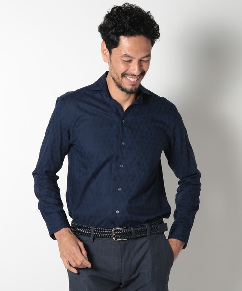 MEN'S BIGI（メンズビギ）の「コットンダイヤジャガードパナマメッシュシャツ（シャツ/ブラウス・メンズ・ホワイト/ネイビー/エメラルド・01/02/03/04）」の6枚目の写真