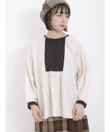 Samansa Mos2 | 配色ピンタッククルーネックブラウス(シャツ/ブラウス)