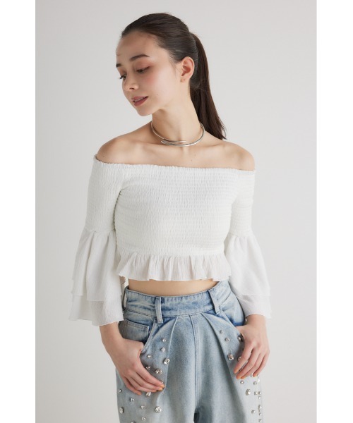 rienda(リエンダ)の「シャーリングオフショルクロップドトップス 長袖 春服(Tシャツ/カットソー・レディース・ホワイト/ミント/ネイビー/ブラック・FREE)」の2枚目の写真