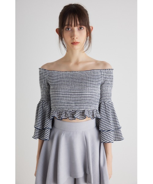 rienda(リエンダ)の「シャーリングオフショルクロップドトップス 長袖 春服(Tシャツ/カットソー・レディース・ホワイト/ミント/ネイビー/ブラック・FREE)」の8枚目の写真
