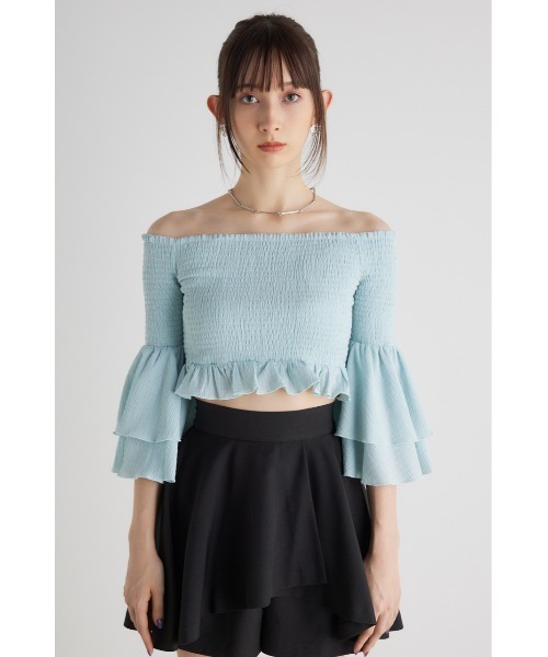 rienda(リエンダ)の「シャーリングオフショルクロップドトップス 長袖 春服(Tシャツ/カットソー・レディース・ホワイト/ミント/ネイビー/ブラック・FREE)」の16枚目の写真