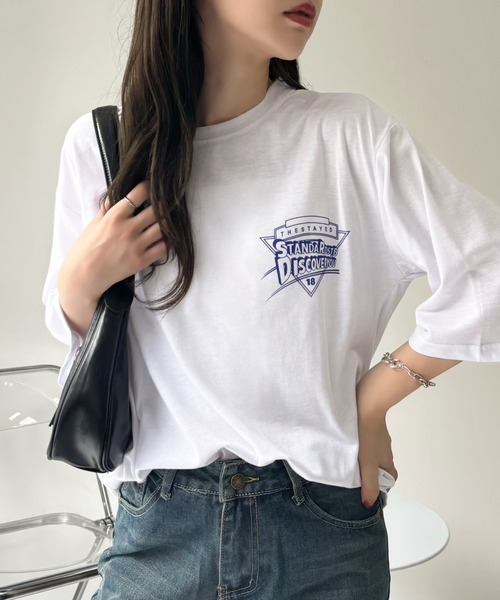 Miniministore(ミニミニストア)の「半袖Tシャツ レディース 夏 ロゴ 韓国(Tシャツ/カットソー・レディース・ホワイト/ブラック・FREE)」の5枚目の写真