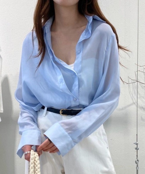 FREE STYLISTS(フリー スタイリスト)の「YUGA_YGMC シアー アシンメトリーデザイン シャツブラウス(シャツ/ブラウス・レディース・ホワイト/ライトブルー・FREE)」の9枚目の写真