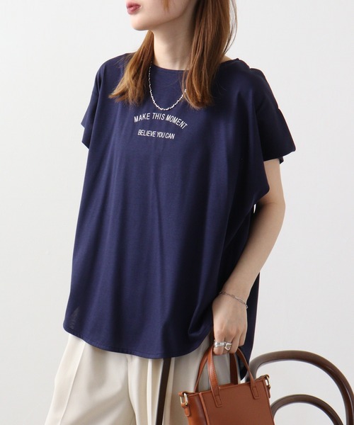 ブローディア BRODIAEA 綿ローン ボタニカル柄切り替え半袖カットソー【日本製】 （ネイビー） tシャツ BRODIAEA 綿ローン ボタニカル柄切り替え半袖カットソー