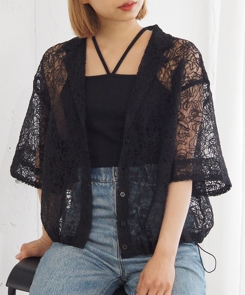 tiptop（ティップトップ）の「【選べる2タイプ】裾ドロスト開襟シアーシャツ（シャツ/ブラウス・レディース・ブラック系その他/ブルー/オフホワイト/ホワイト系その他/グレー系その他・FREE）」の3枚目の写真