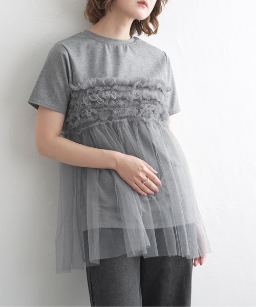 notch.(ノッチ)の「チュールフリルTシャツ(Tシャツ/カットソー・レディース・オフホワイト/ブラック/グレー・M)」の1枚目の写真