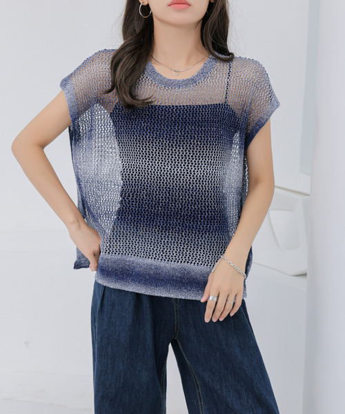 BANNER SELECT(バナーセレクト)の「グラデーション透かし編みニット(Tシャツ/カットソー・レディース・ブラック/グリーン/ネイビー/パープル/ブルー・FREE)」の1枚目の写真