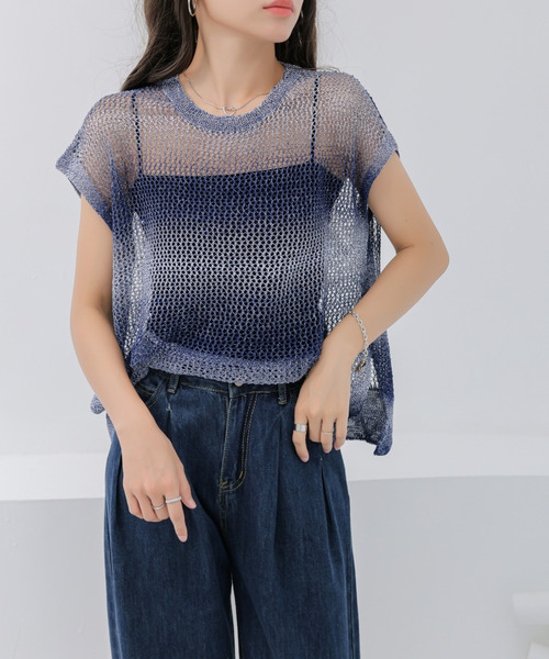 BANNER SELECT(バナーセレクト)の「グラデーション透かし編みニット(Tシャツ/カットソー・レディース・ブラック/グリーン/ネイビー/パープル/ブルー・FREE)」の19枚目の写真